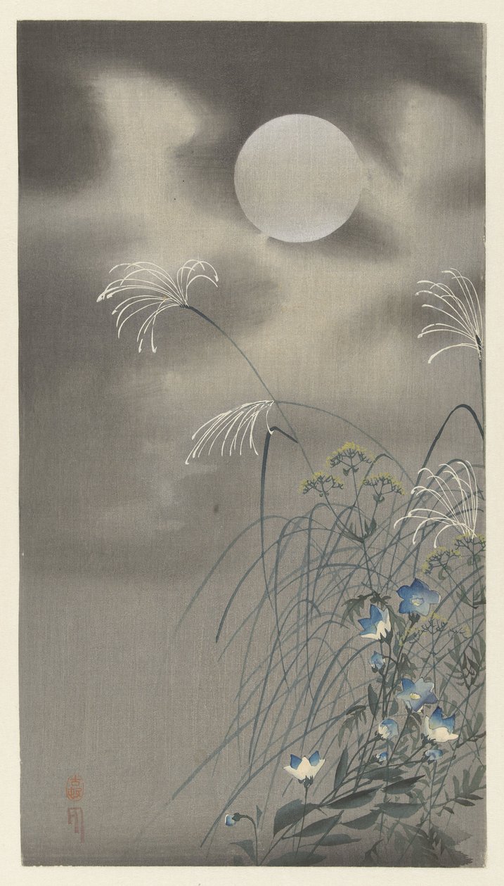 Hierbas y flores junto a la luna llena de Ohara Koson