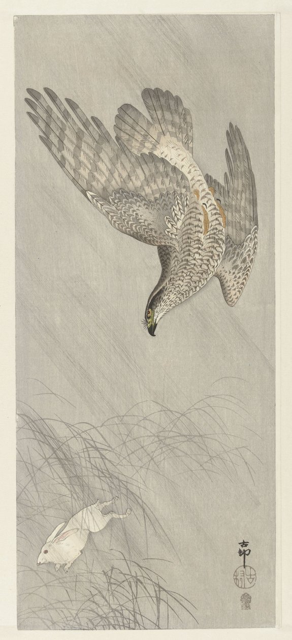 Azor cazando liebre de Ohara Koson