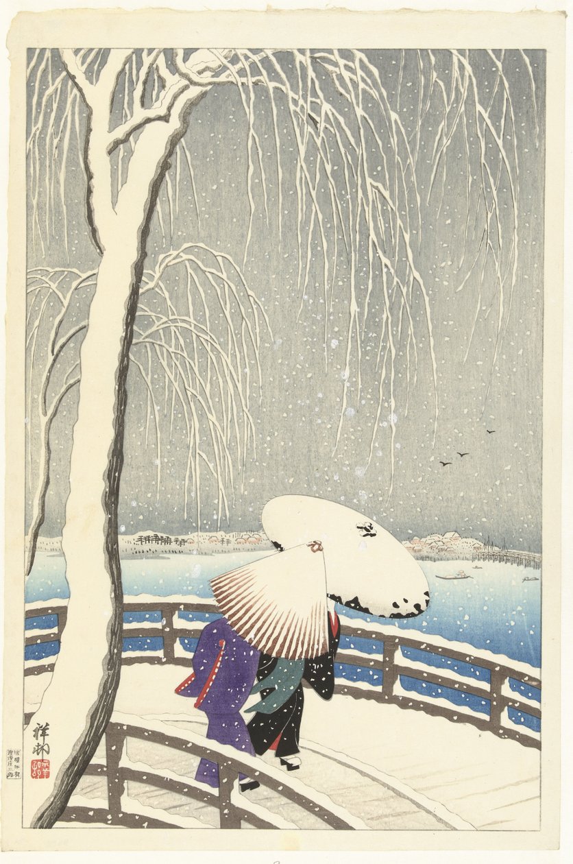 En la nieve en Yanagibashi de Ohara Koson
