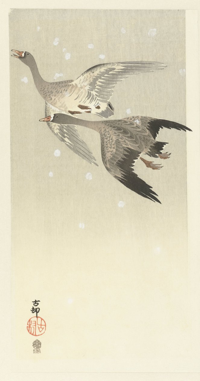 Gansos de frente blanca volando en la nieve de Ohara Koson
