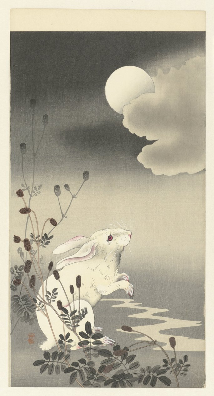 Conejo en luna llena de Ohara Koson