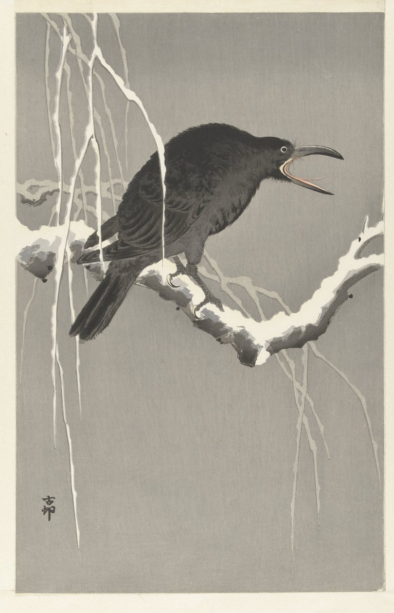 Cuervo en la rama de un árbol cubierto de nieve de Ohara Koson