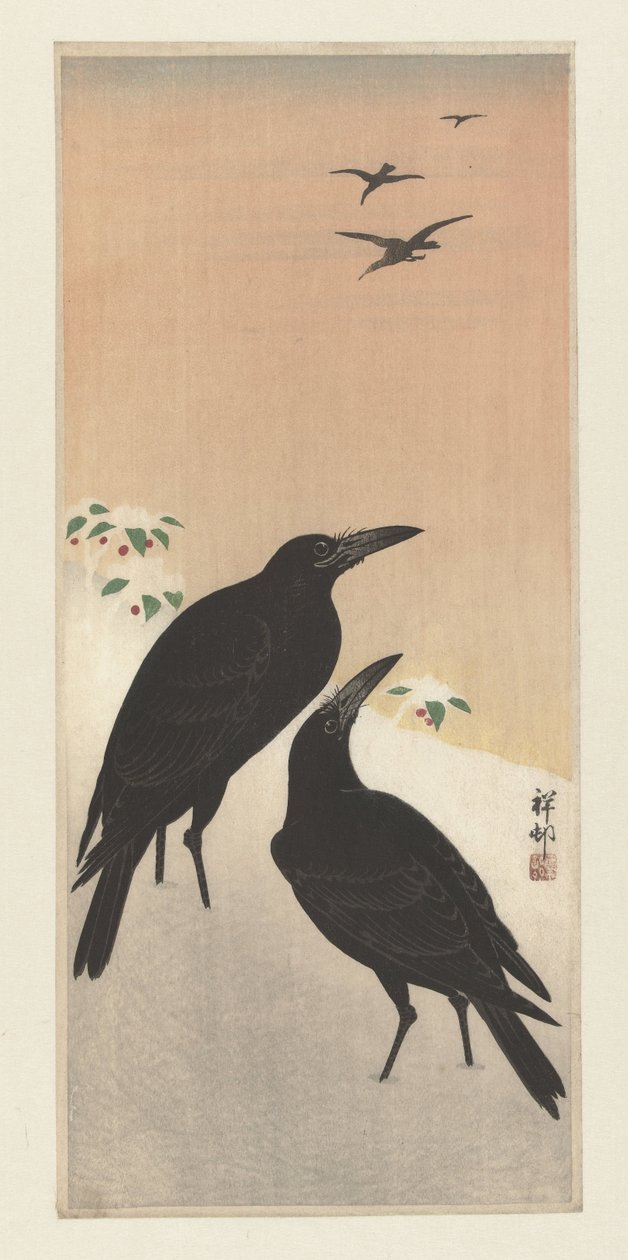 cuervos en la nieve de Ohara Koson