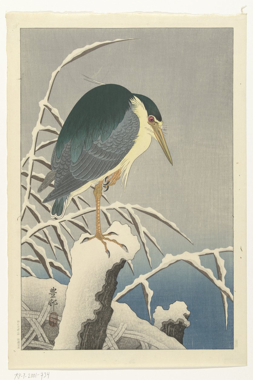 Garza en la nieve de Ohara Koson