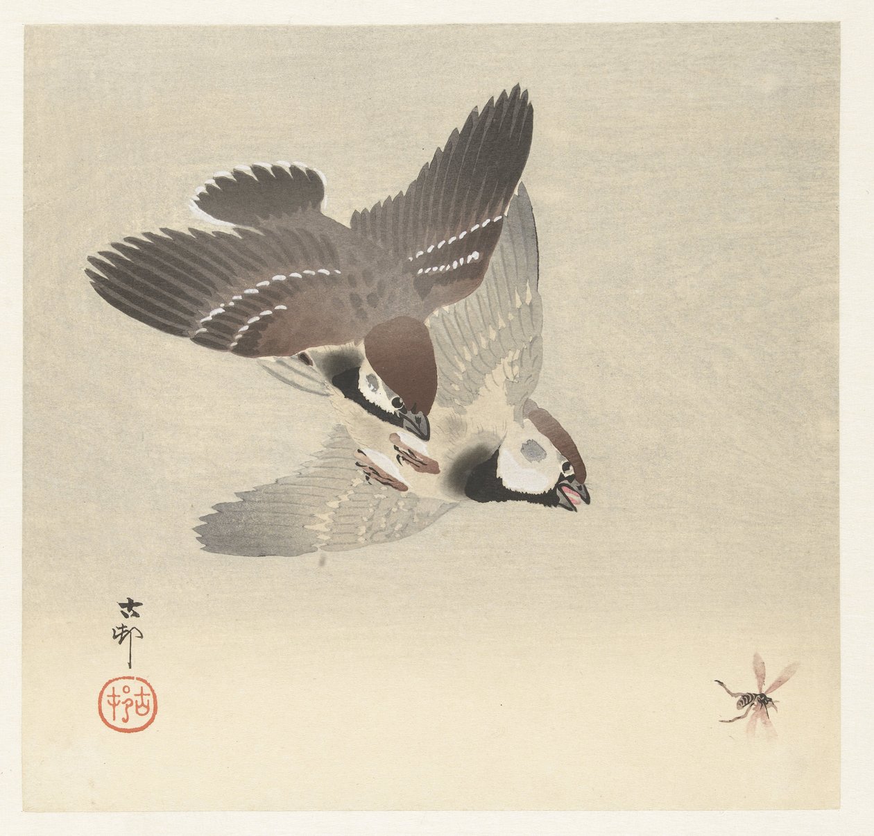 Gorriones anulares e insectos de Ohara Koson
