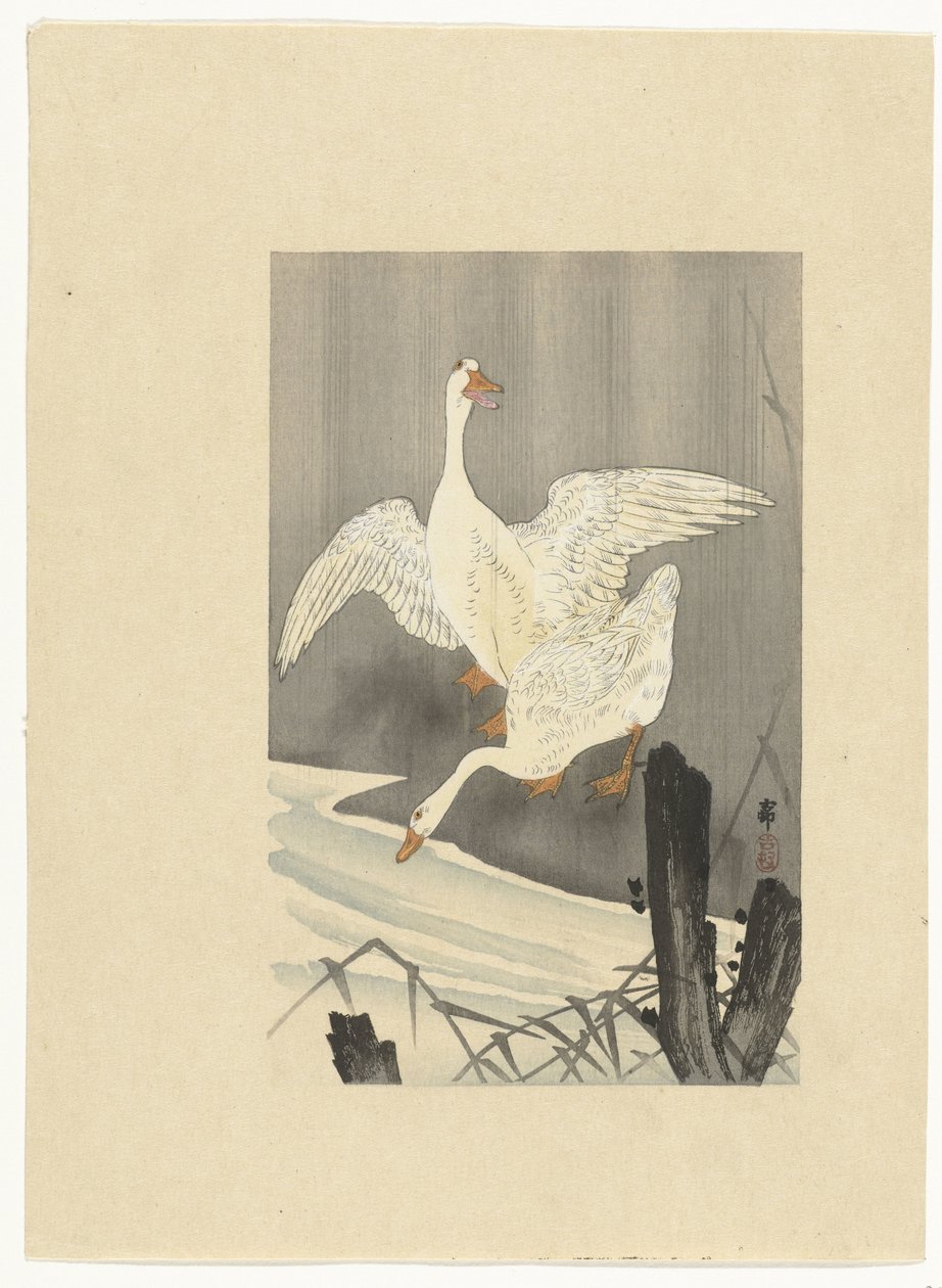 Dos gansos junto a un río de Ohara Koson