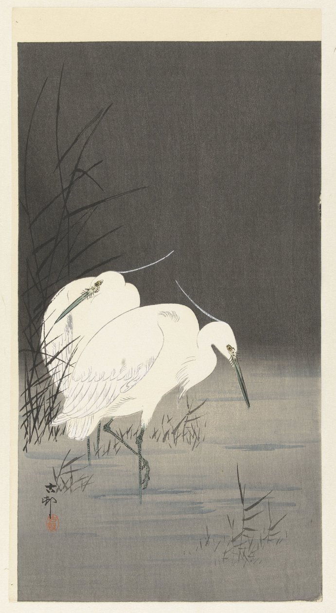 Dos garcetas en las cañas de Ohara Koson