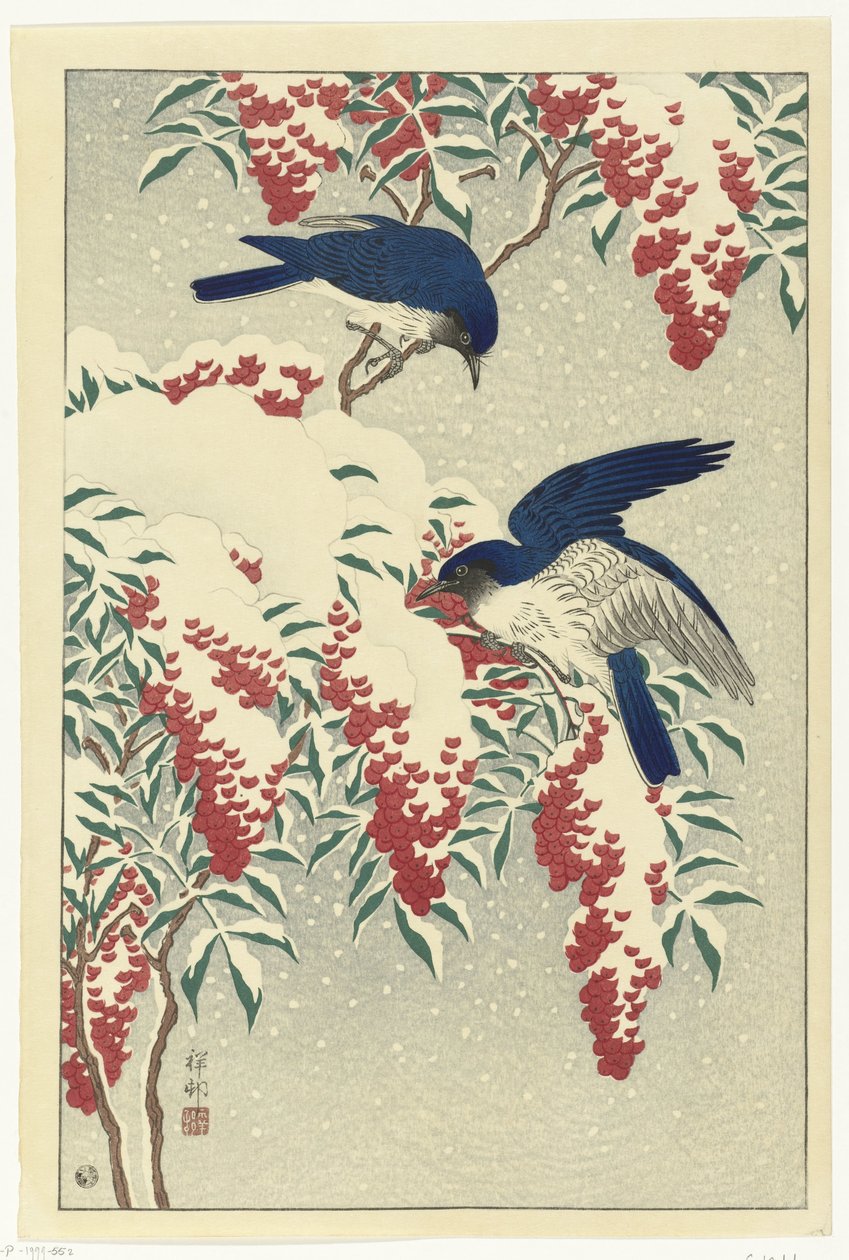 Papamoscas en un arbusto nandina de Ohara Koson