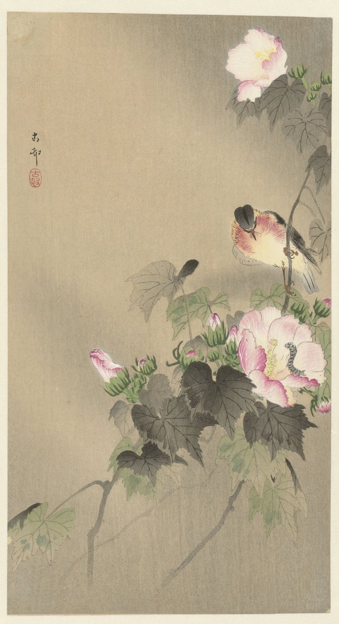 pájaro y oruga de Ohara Koson