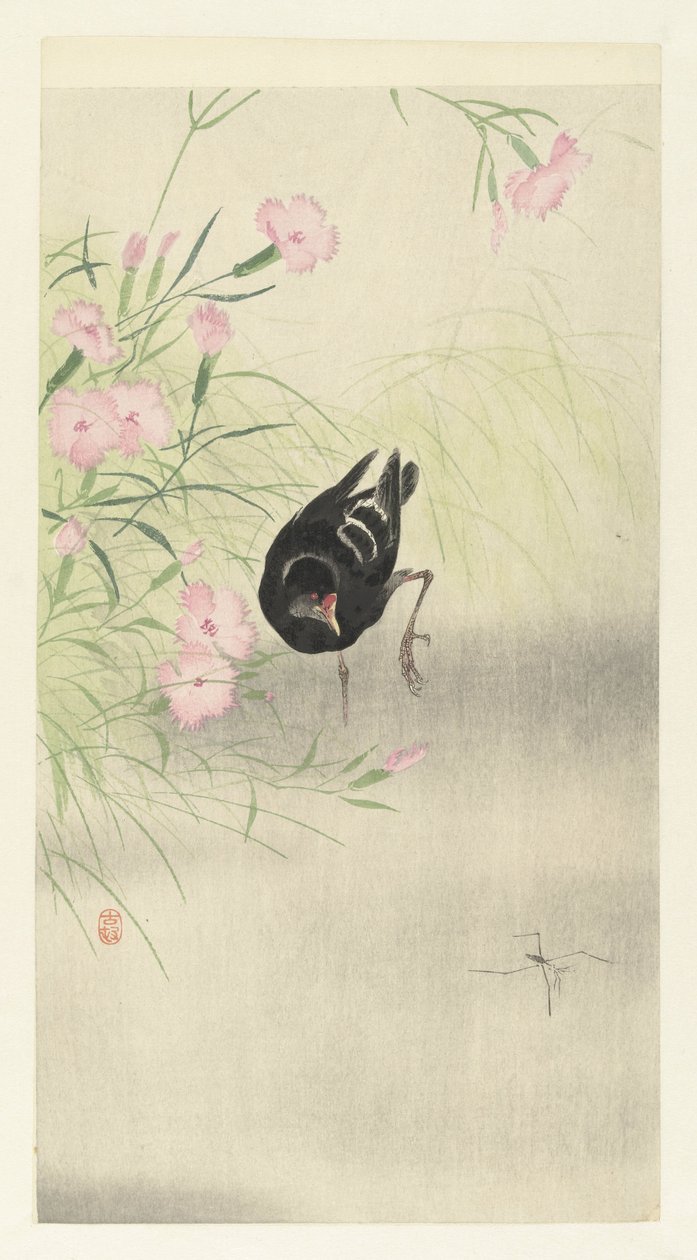 Polla de agua en la planta con flores de Ohara Koson
