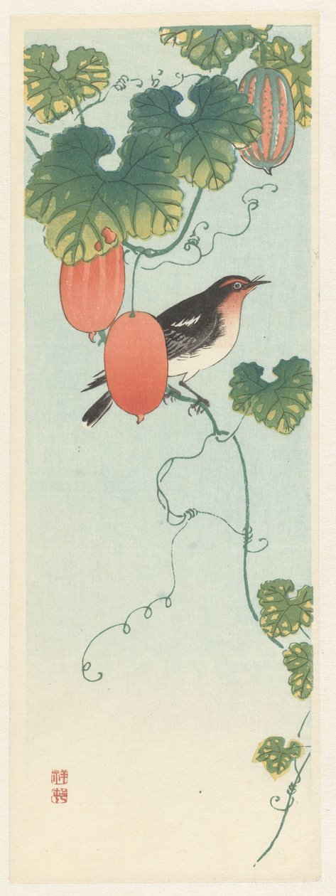 Pájaro cantor en una planta de pepino de Ohara Koson