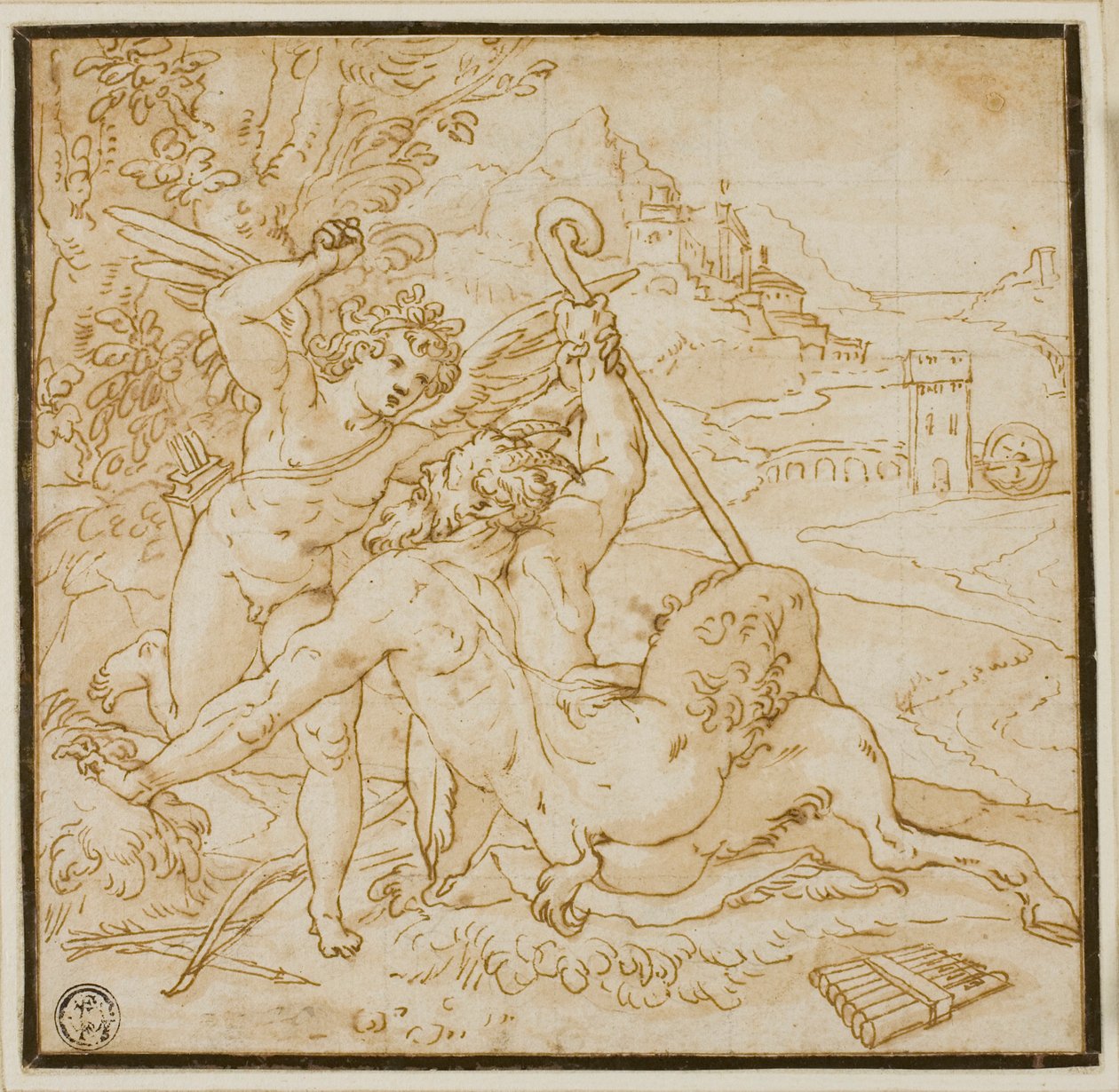 Cupido venciendo a Pan de Orazio Samacchini