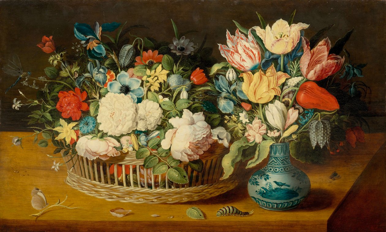 Bodegón con flores en una cesta de mimbre y ramo de flores en un jarrón de porcelana de Osias the Elder Beert