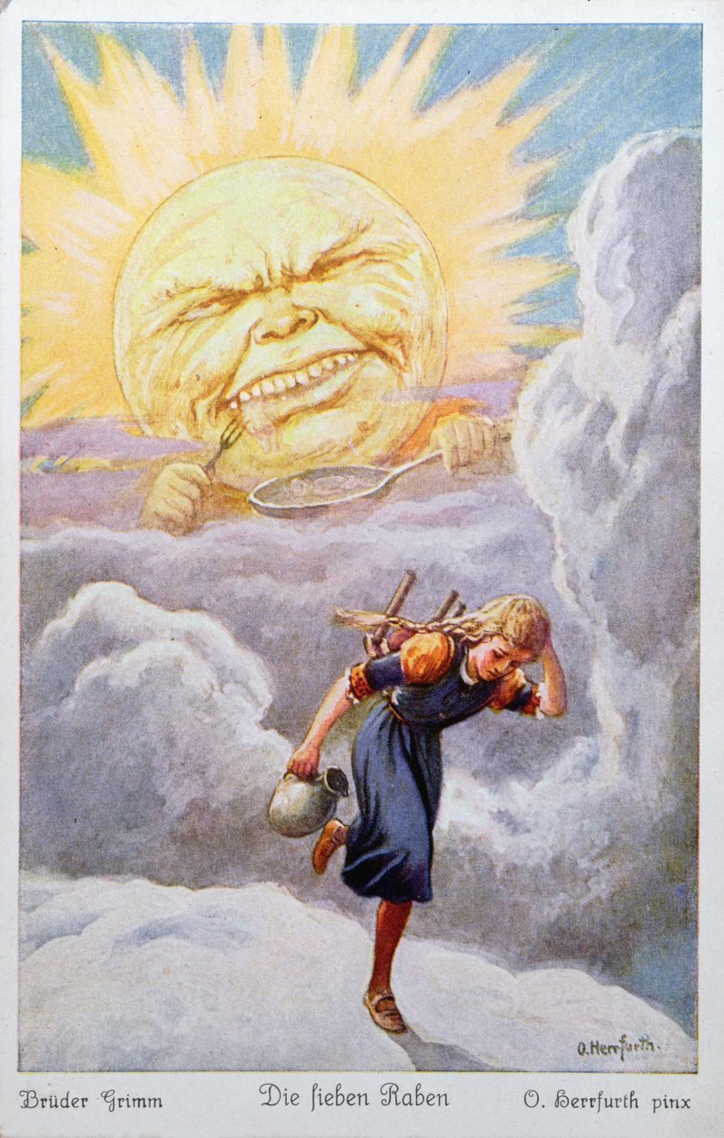 La joven en su viaje para rescatar a sus hermanos, huye del calor extremo del sol, que amenaza con cocinarla y comerla, ilustración de Los Siete Cuervos de los Hermanos Grimm de Oskar Herrfurth