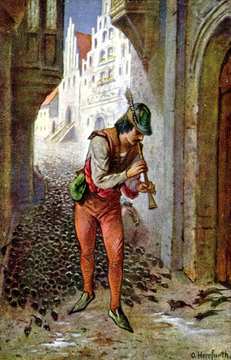 Flautista de Hamelin, c.1910s (ilustración) de Oskar Herrfurth