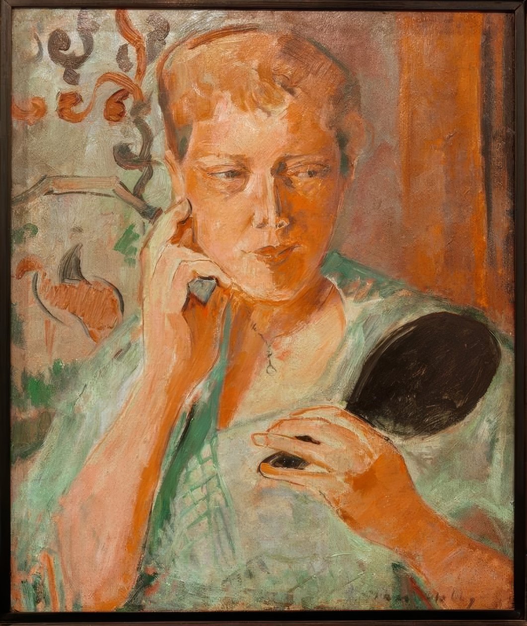 Retrato de Margarethe con Espejo Negro de Oskar Moll