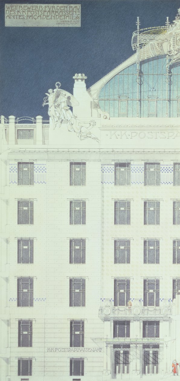 Banco de Ahorros de Correos, Viena, diseño que muestra detalle de la fachada, c.1904-06 de Otto Wagner