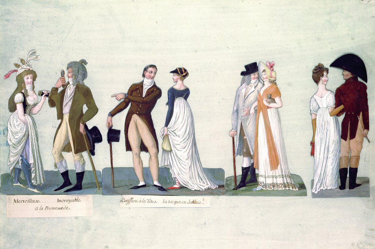 Fol.50 Maravillosa...Increíble paseando; Peinado a la Titus...Tocque en estilo Jockey (gouache) de P. A. and J.B. Lesueur