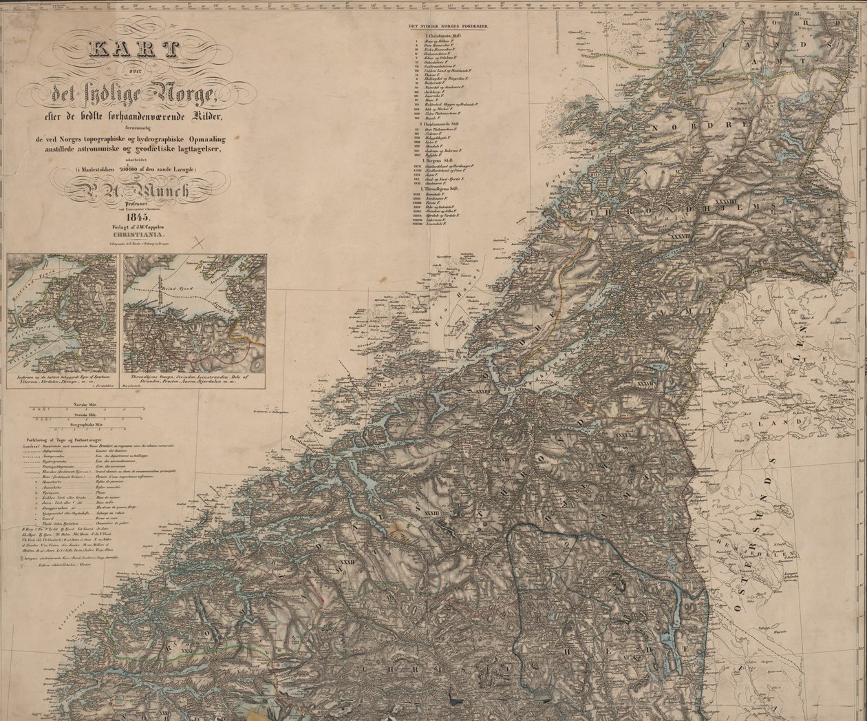 El mapa fue publicado en Oslo (1845) y muestra el sur de Noruega de P.A. Munch