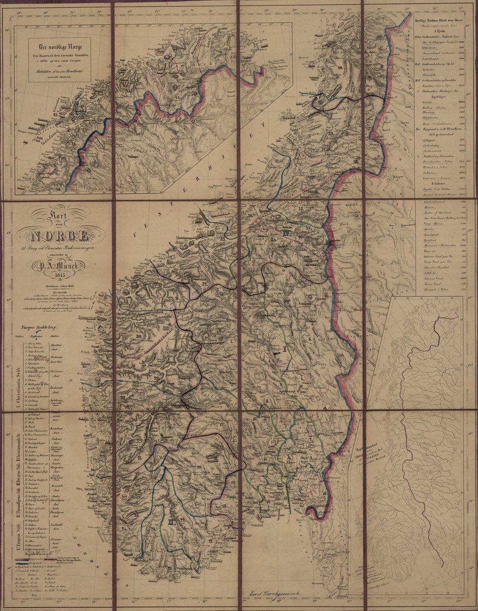 Mapa publicado en Christiania (1845) y muestra Noruega de P.A. Munch