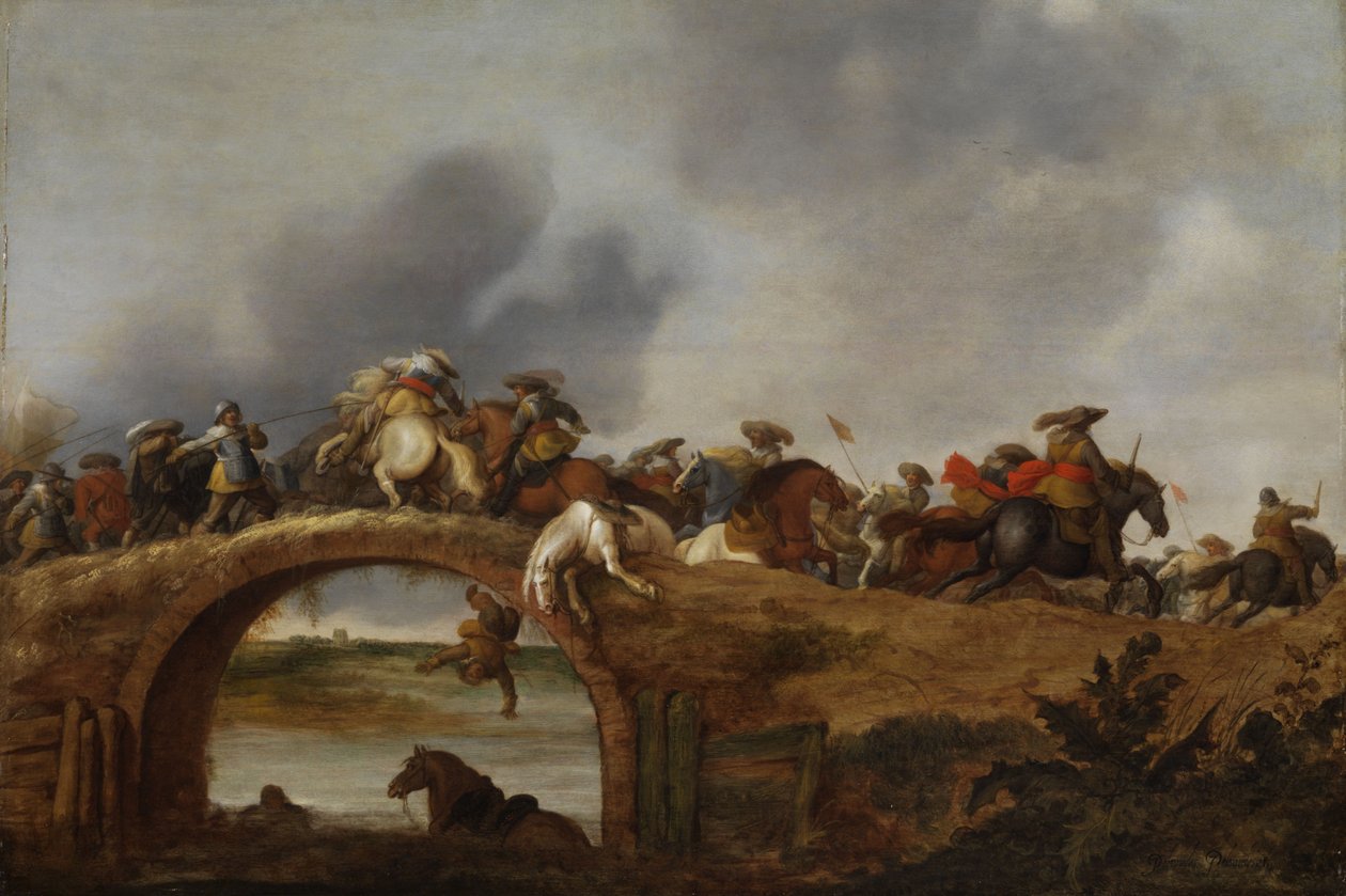 Jinetes luchan en un puente de Anthonie Palamedesz