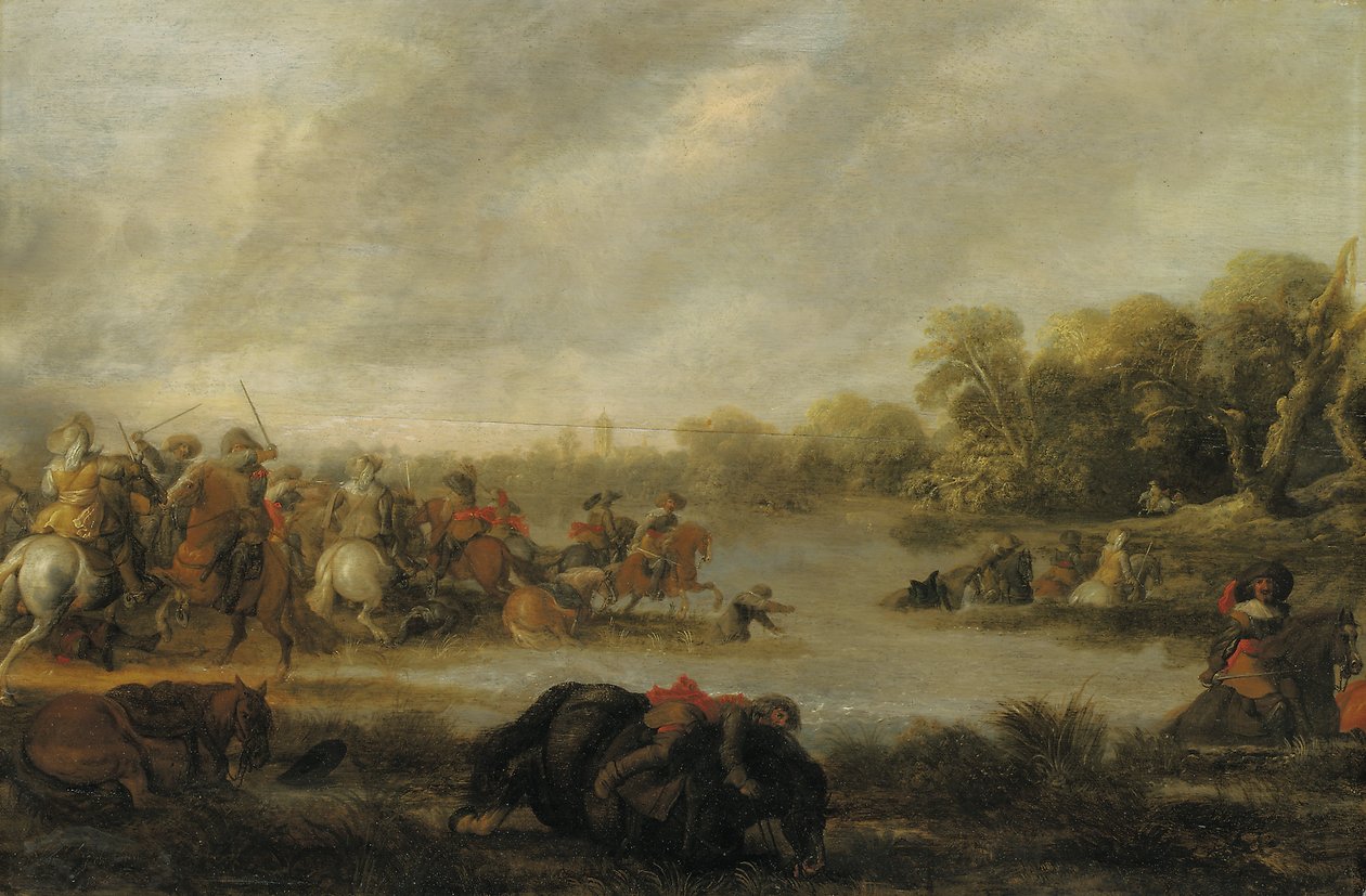 Escaramuza de caballería junto a un río de Palamedes Palamedesz