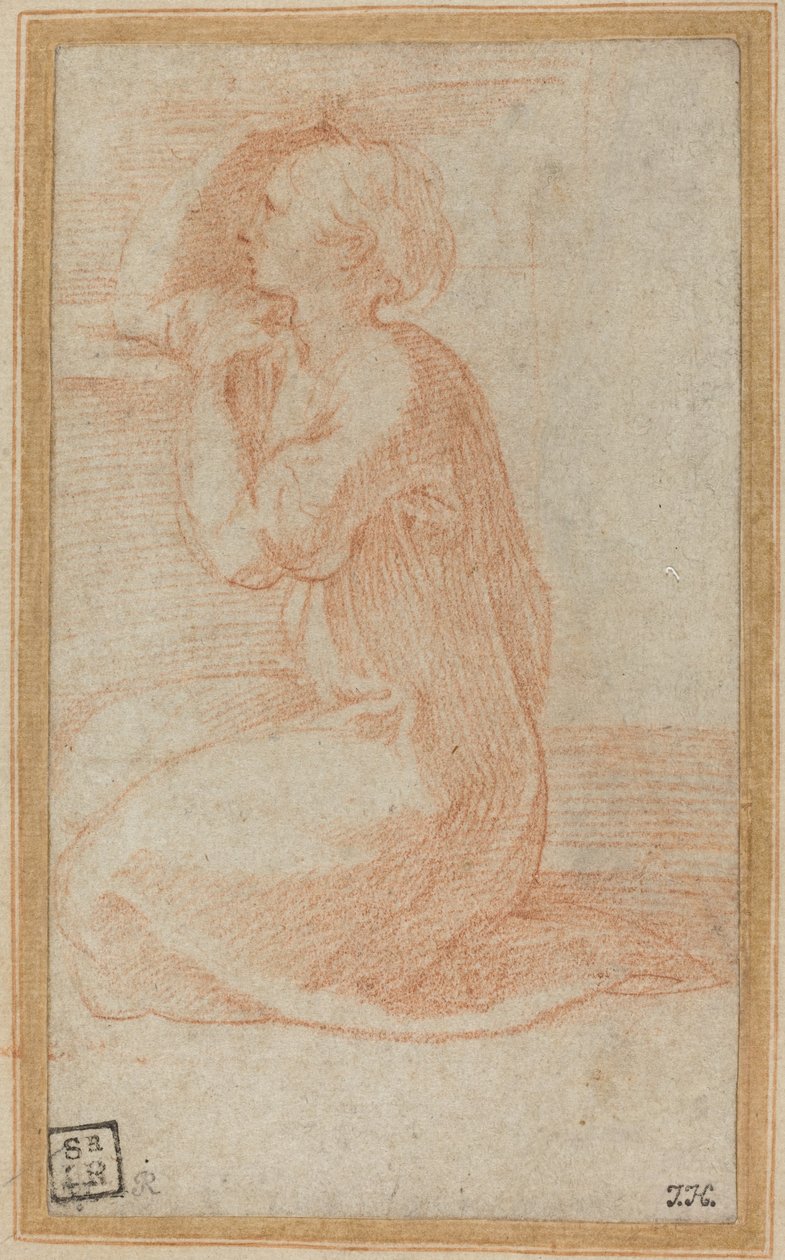 Mujer arrodillada levantando la mano a la cabeza de Parmigianino