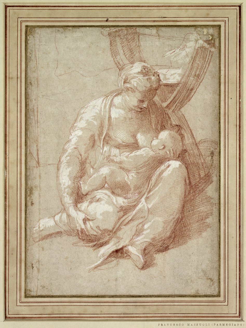 Virgen sentada en el suelo, amamantando al niño de Parmigianino