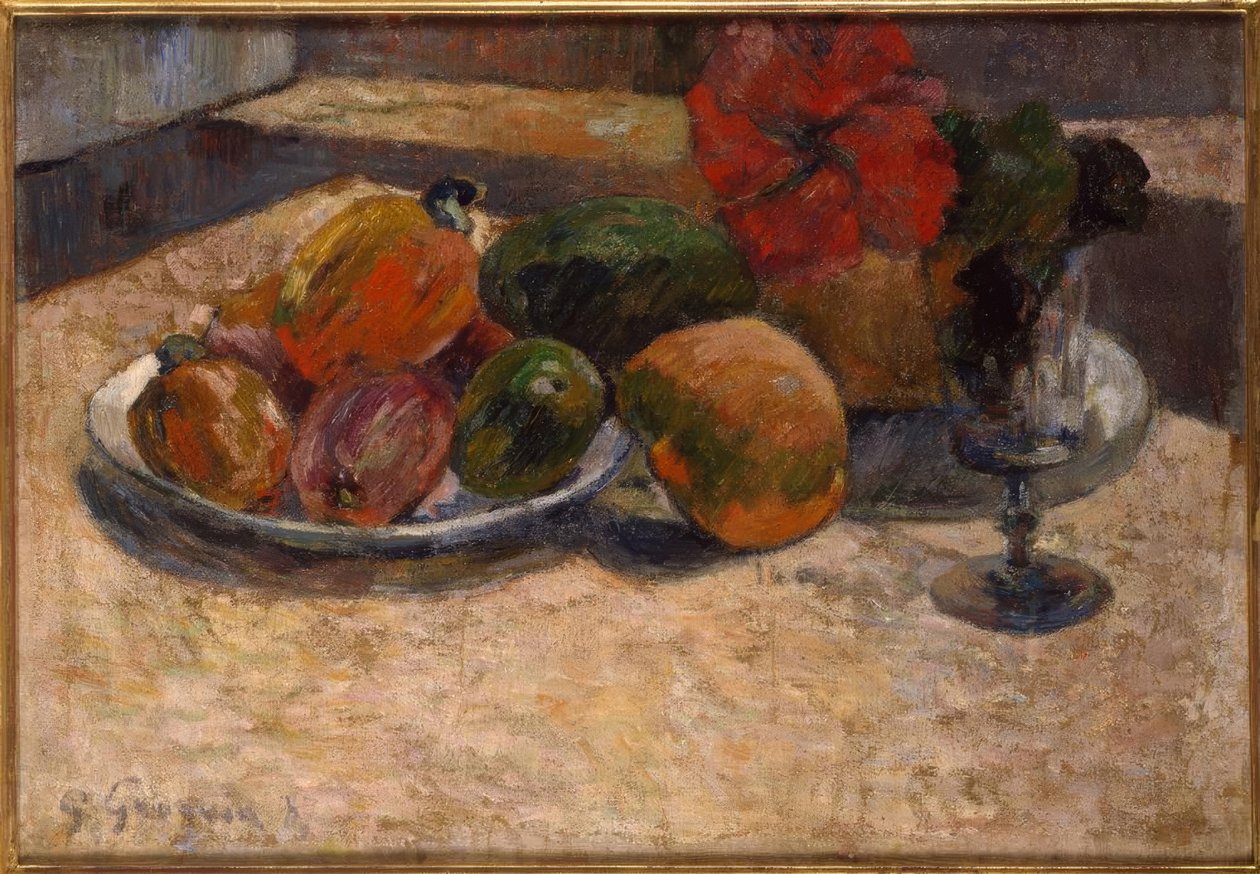 Frutas exóticas y flores rojas de Paul Gauguin