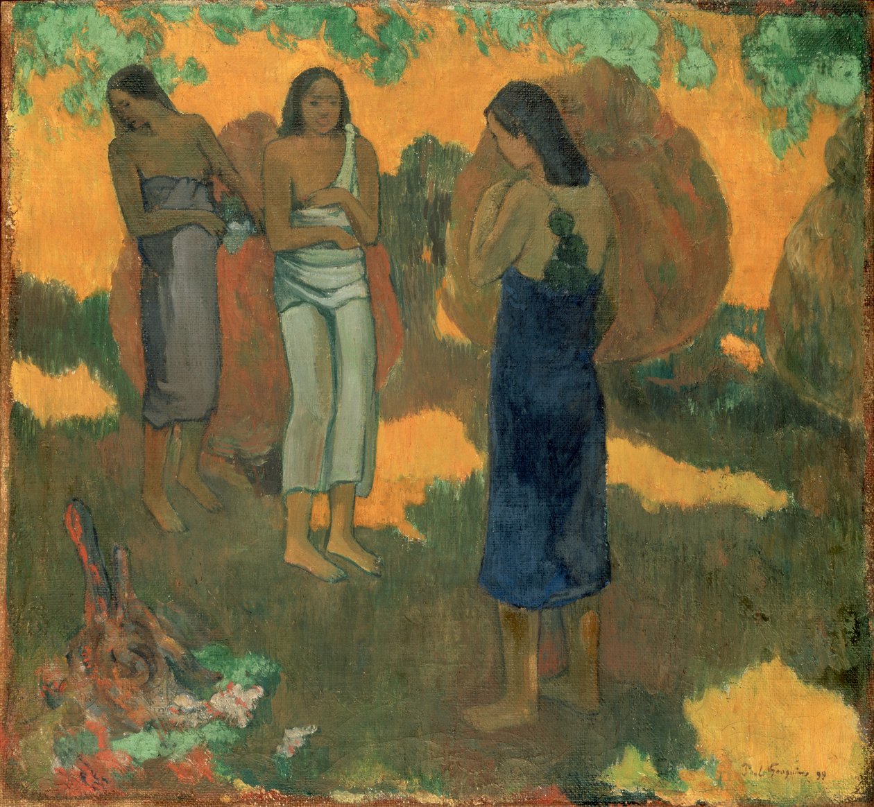 Tres mujeres tahitianas contra un fondo amarillo de Paul Gauguin