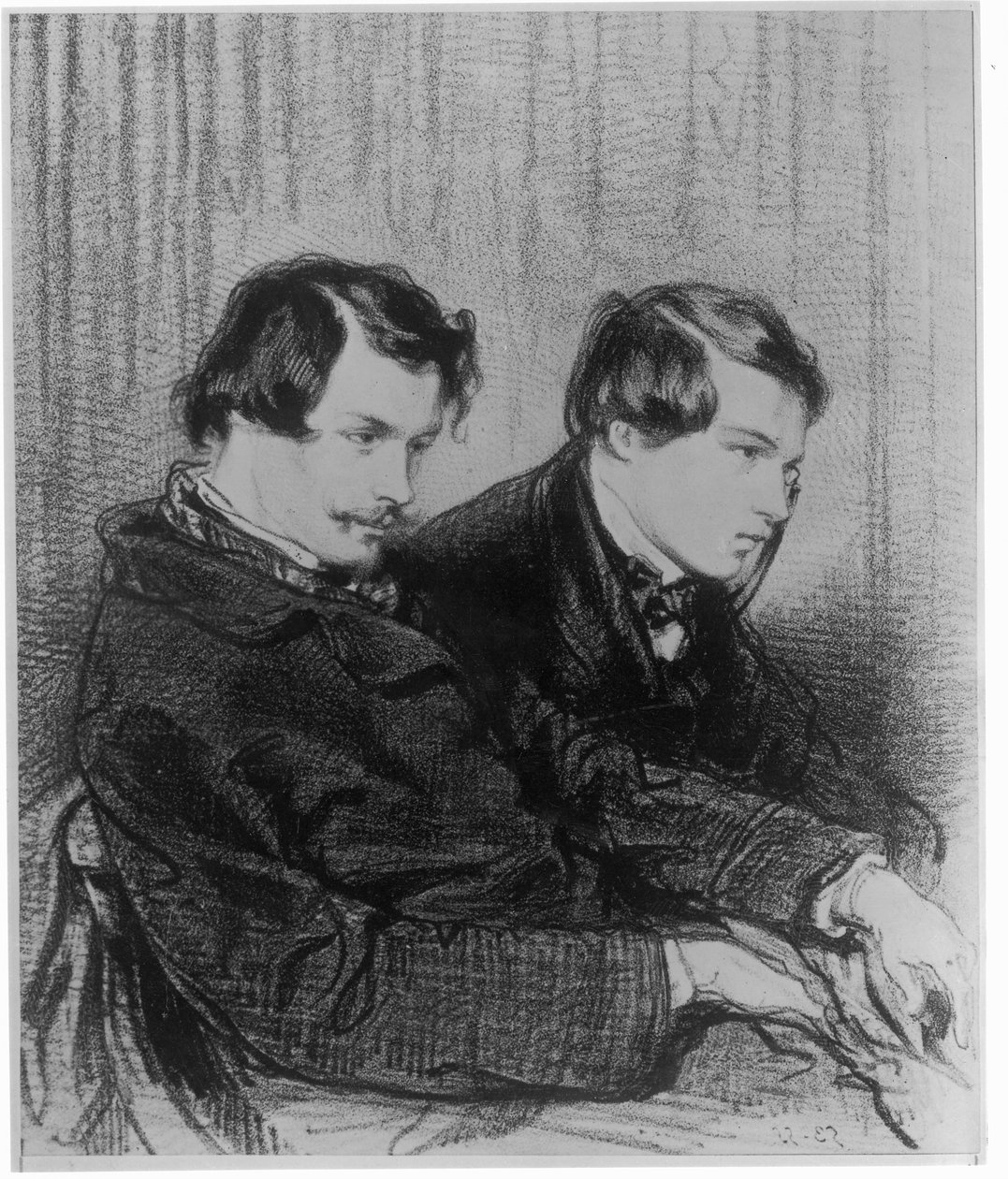 Edmond de Goncourt (1822-86) y Jules de Goncourt (1830-70) en un palco en el teatro, 1853 de Paul Gavarni