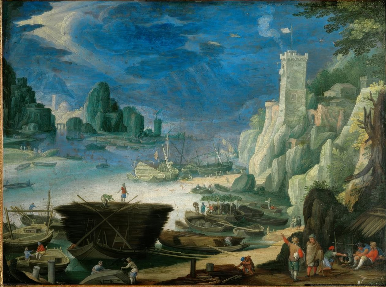 Paisaje portuario nocturno con faro de Paul Bril
