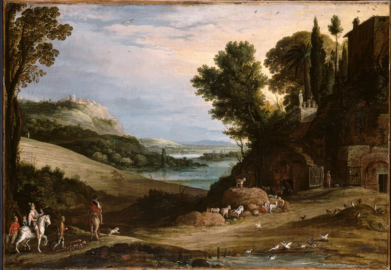 P.Bril, Paisaje Italianizante con Caza de Halcones / Pintura de Paul Bril