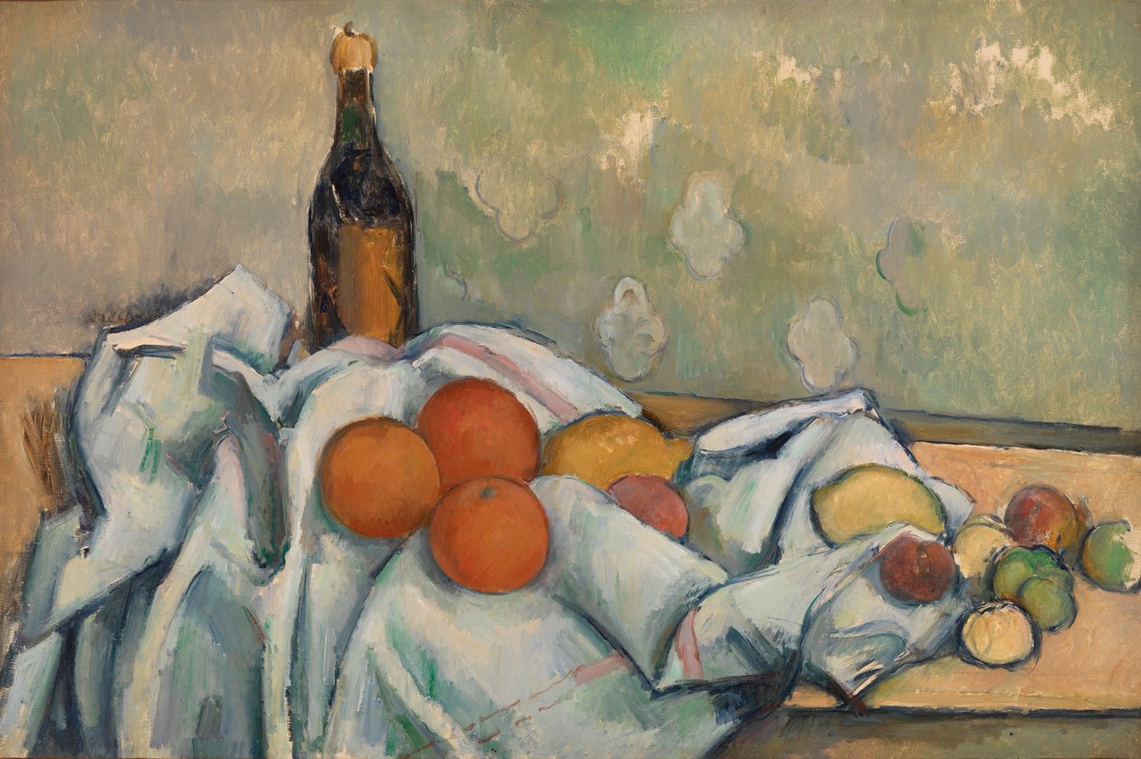 botella y frutas de Paul Cézanne