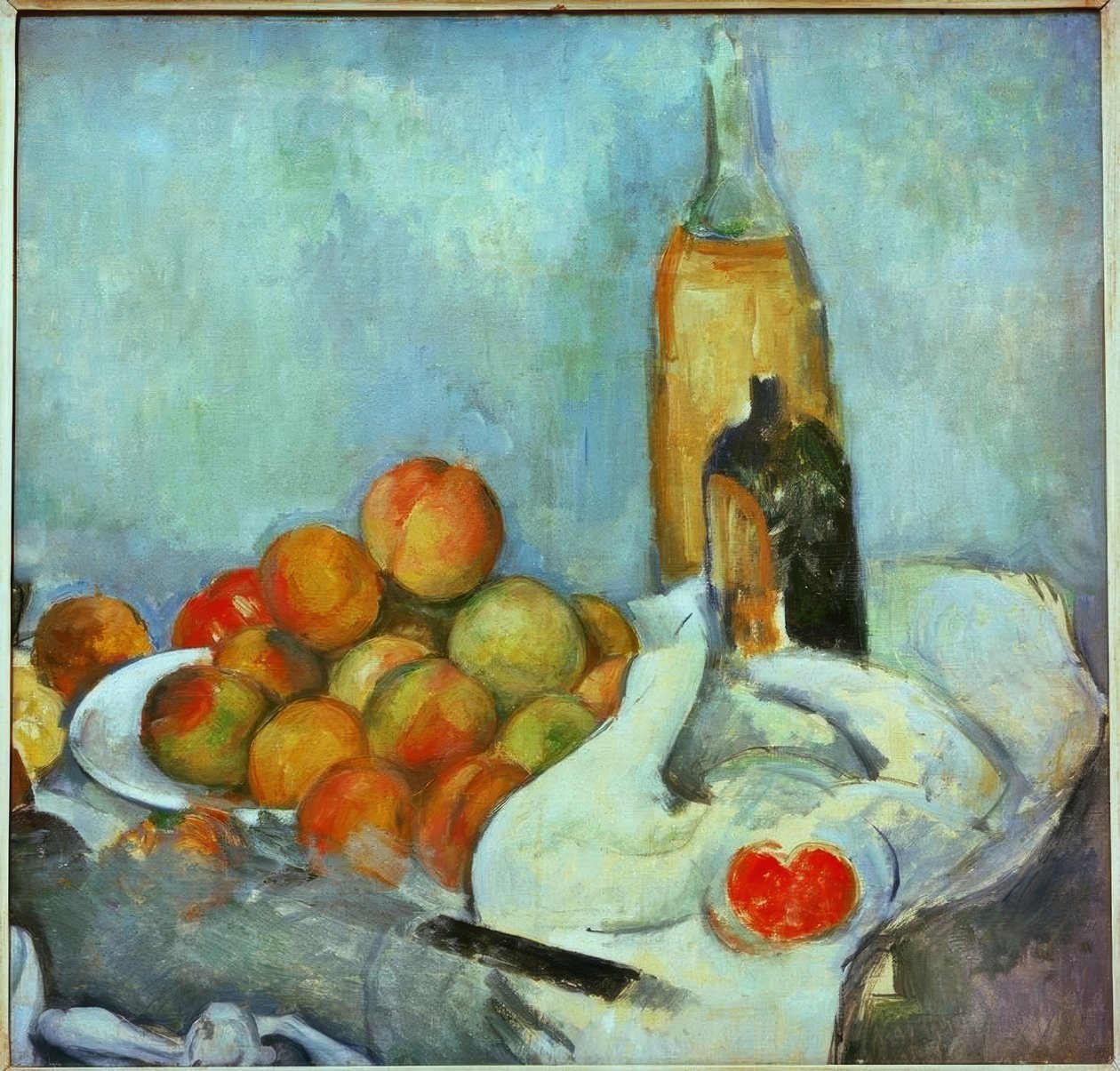 Botellas y melocotones de Paul Cézanne