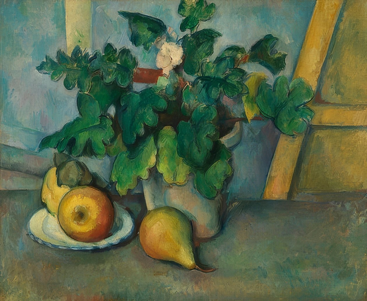 Maceta con prímulas y frutas. 1888-90 de Paul Cézanne