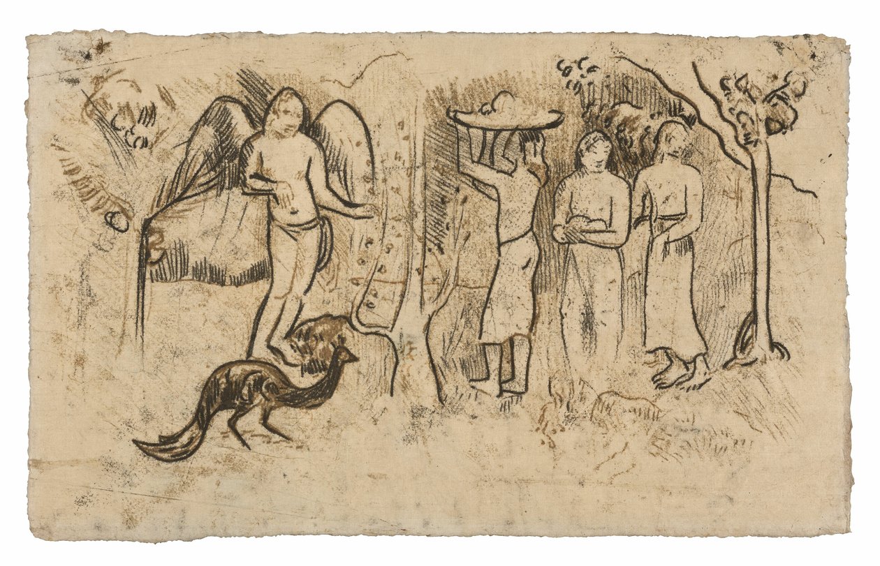 Ángel, pavo real y tres tahitianos de Paul Gauguin