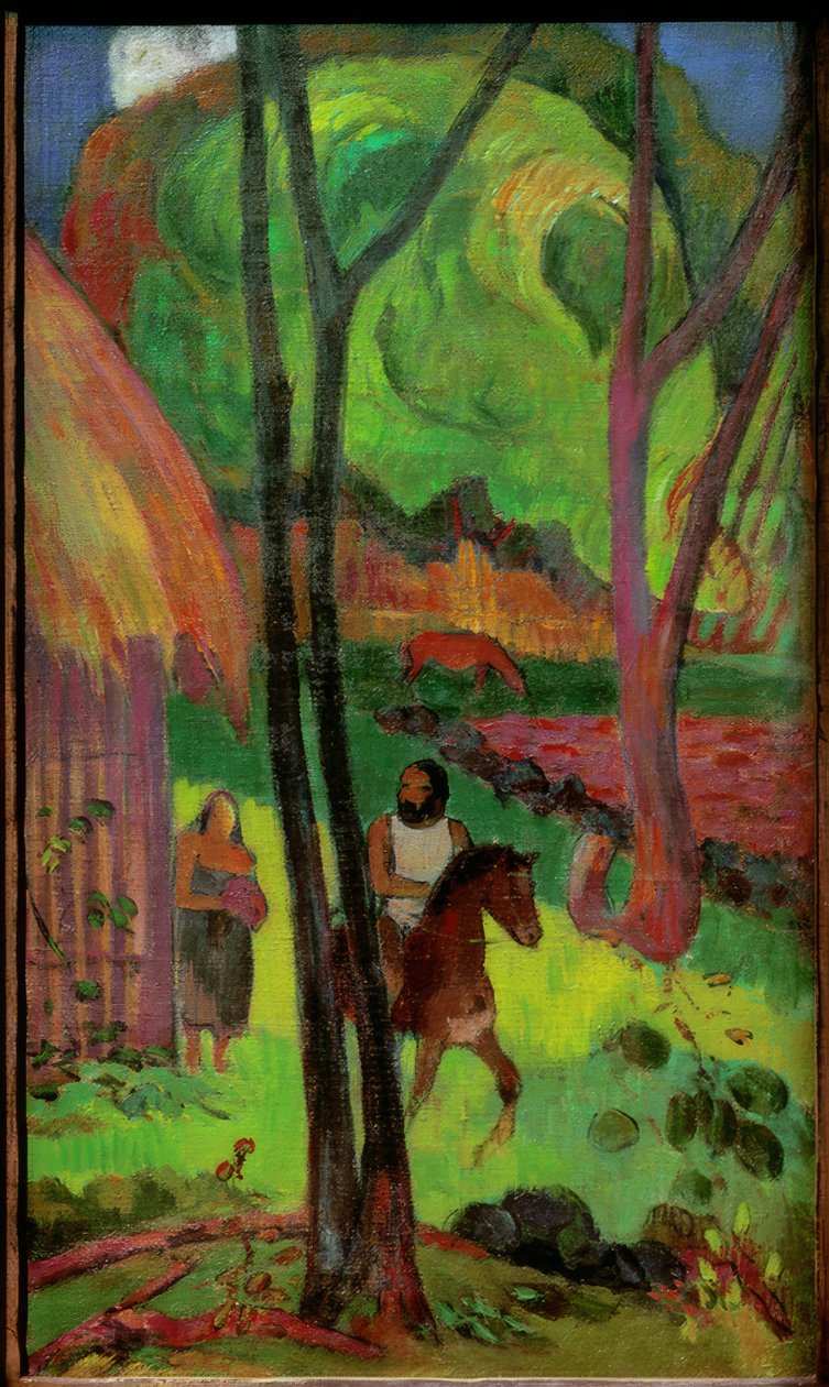 Caballero frente a la cabaña de Paul Gauguin