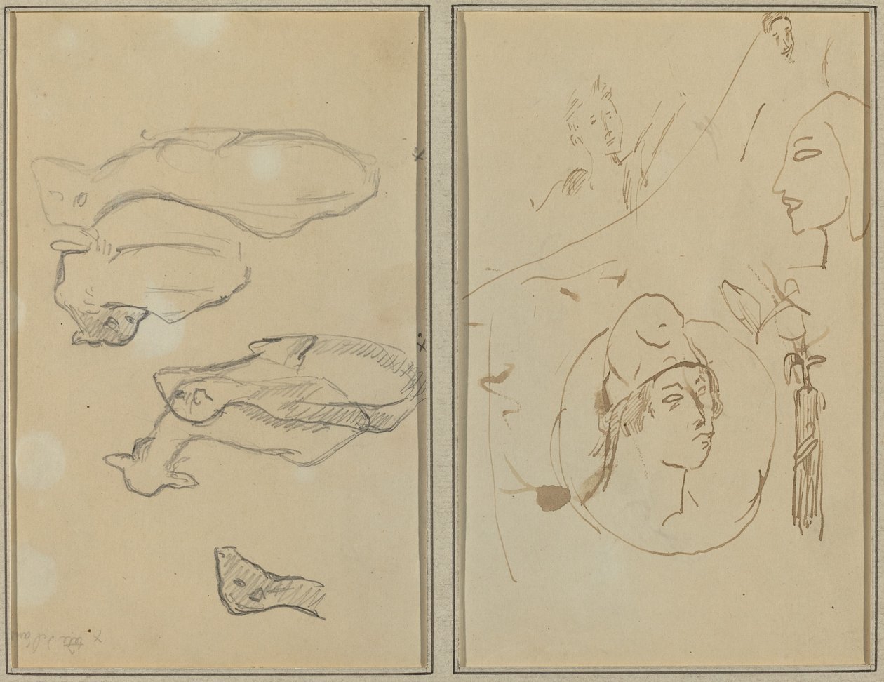 Cinco ovejas; Cuatro estudios de cabeza (reverso) de Paul Gauguin