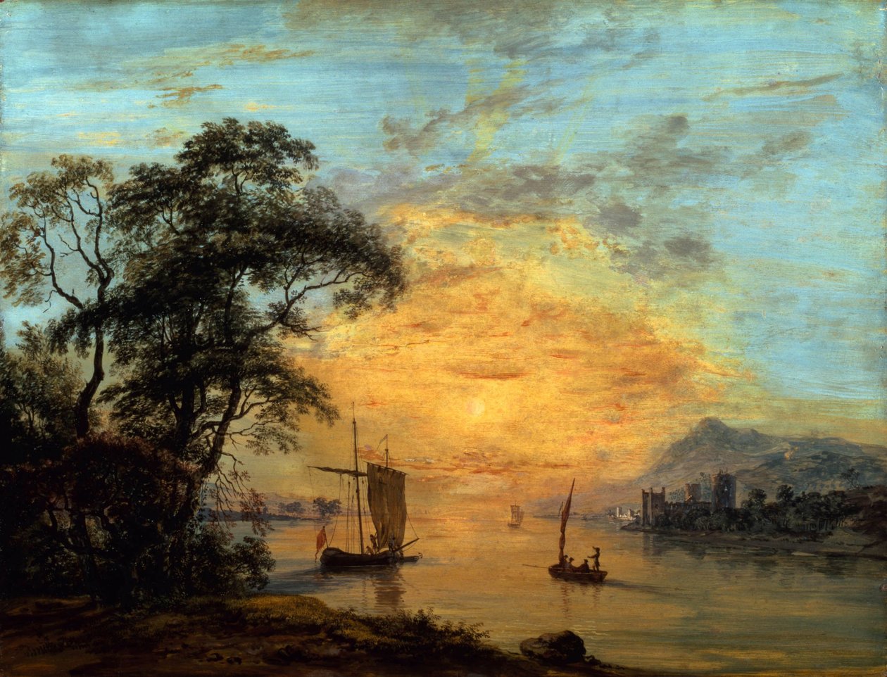 Un paisaje fluvial galés al atardecer. de Paul Sandby