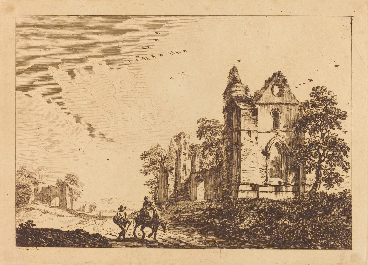 Abadía en ruinas con viajeros en el camino de Paul Sandby