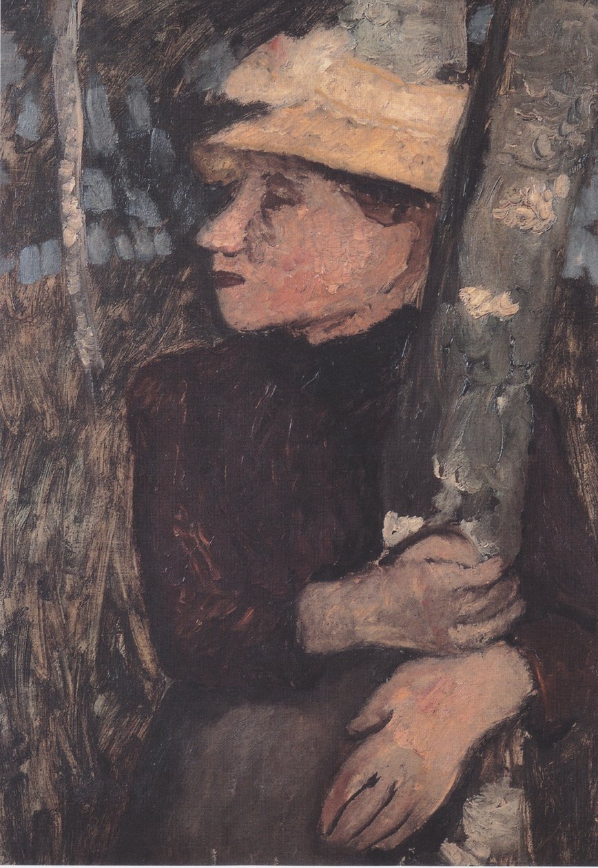 Mujer con sombrero de paja entre abedules de Paula Modersohn Becker