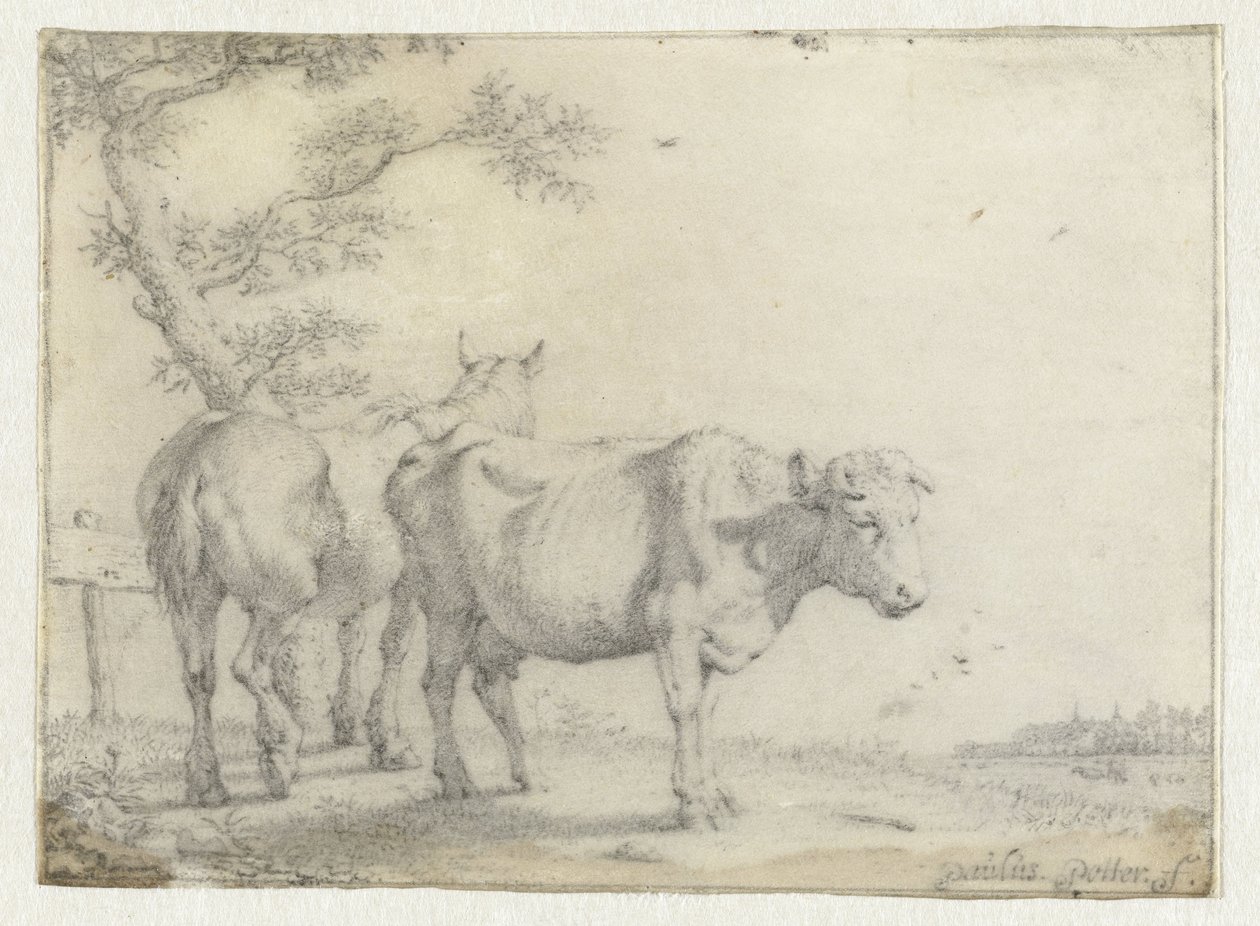 Un caballo y una vaca junto a un árbol de Paulus Potter