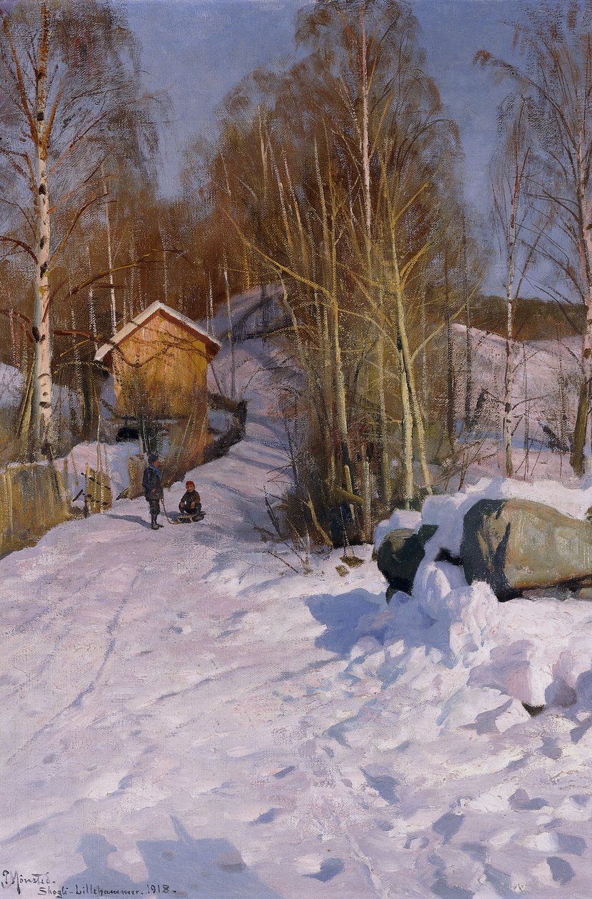 Un paisaje de invierno con niños en trineo de Peder Monsted