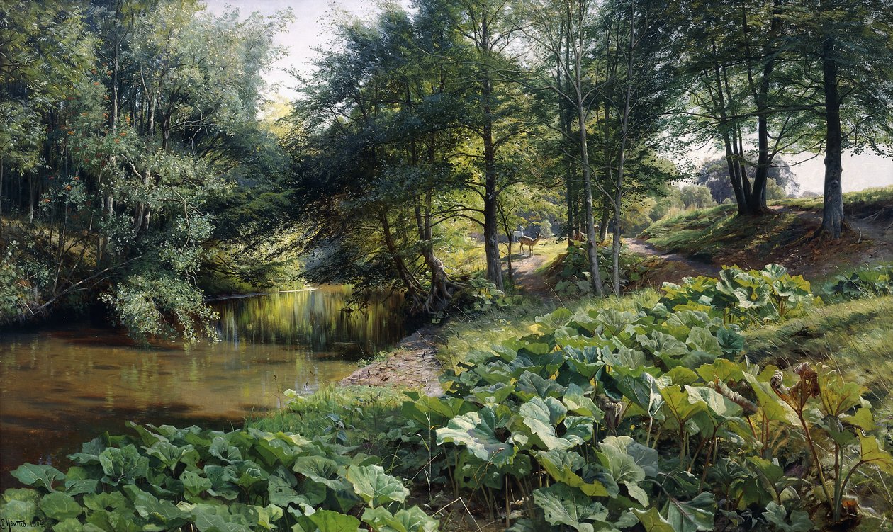 Paisaje fluvial boscoso con ciervos al fondo de Peder Monsted
