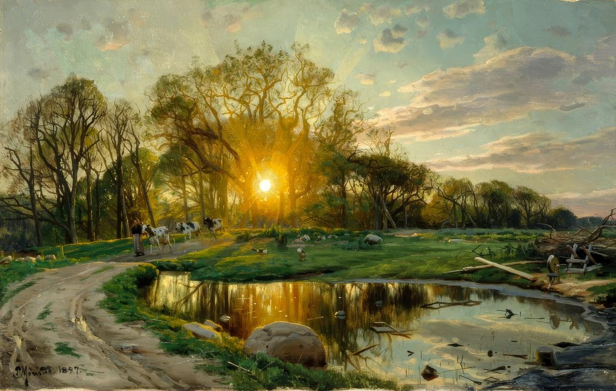 Llevando las vacas al atardecer de Peder Monsted