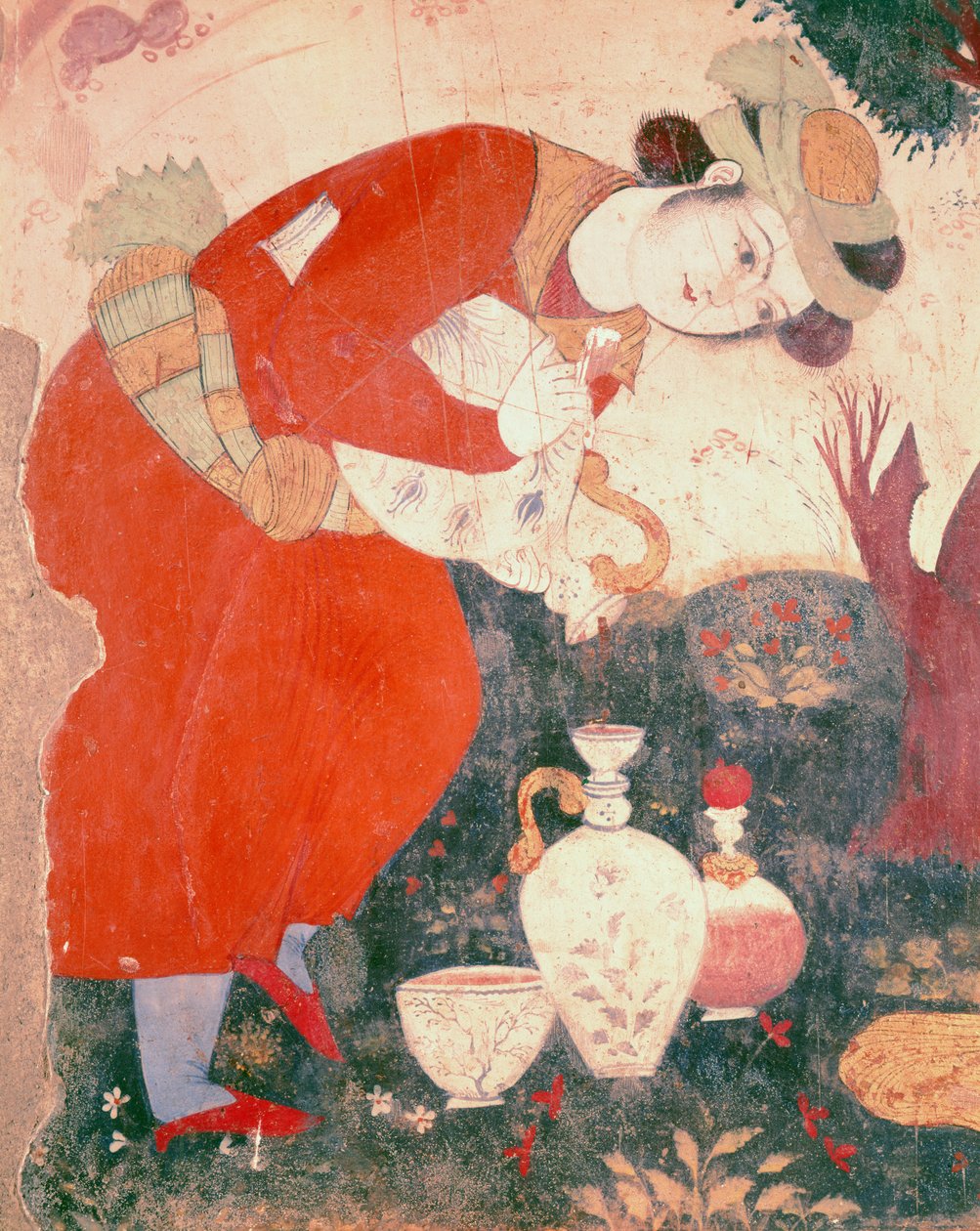 Mujer vertiendo vino en la corte de Shah Abbas I, 1585-1627 (detalle) de Persian School