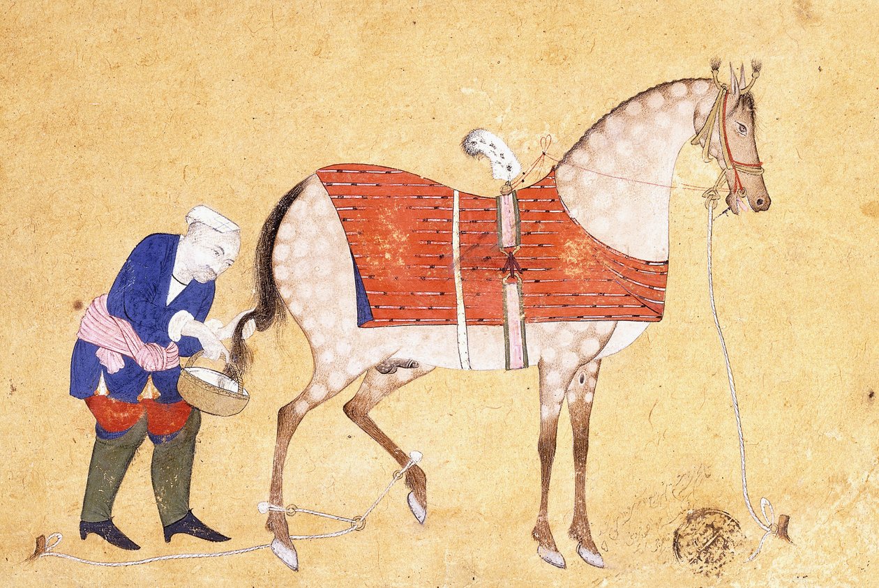 Un mozo con un caballo, 1694 de Persian School