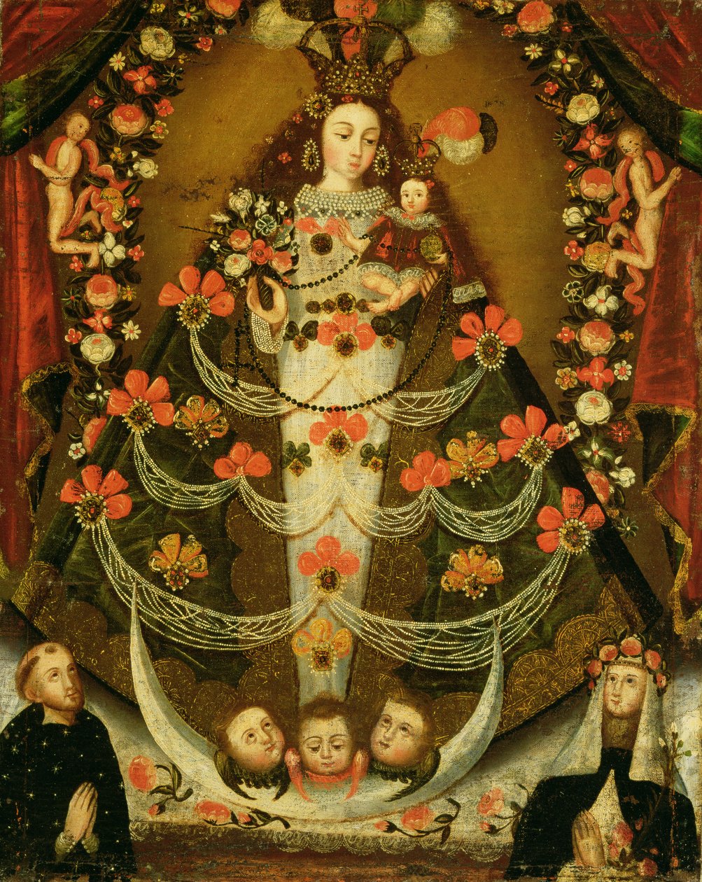 Virgen de Pomata con San Nicolás de Tolentino y Santa Rosa de Lima (1586-1617) de Peruvian School