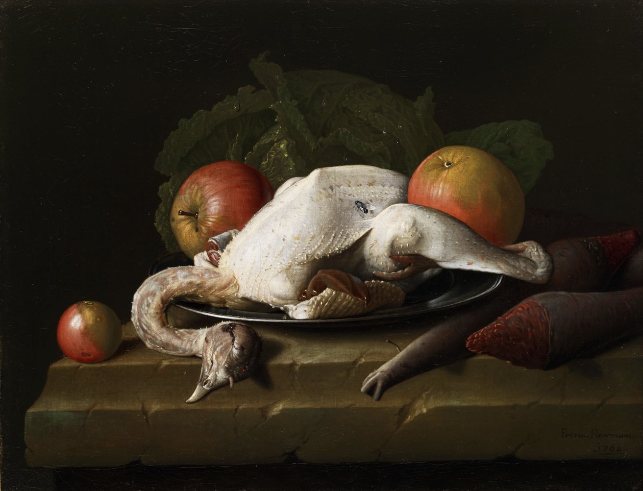Bodegón con gallina desplumada, manzanas y nabos de Peter Jacob Horemans